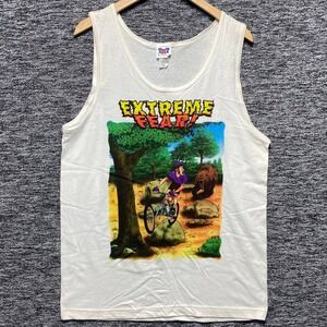 VTG Extreme Fear Graphic Tank Top Mens Medium White Mountain Bike Bear 90s TNT